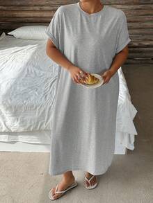Dazy Plus Solid Color Casual Crew Neck Loose Short Sleeve Knit Maxi Dress Plus Size Women Spring Summer - Grey - View 4