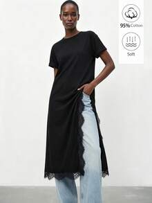 Lumivelle Spring/Summer New Women's Pure Cotton Lace Patchwork High Slit Waist-Cinching T-Shirt Dress, Daily Wear Design Solid Color Fitted Round Neck Roll Cuff - Black - View 9