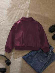 Elladie kids 1件少女復古港風酒紅色PU皮革夾克，翻領設計，銀色拉鍊方便穿脫，胸線裝飾，同色羅紋袖口打造俐落造型，寬鬆版型，春秋款，適合日常街頭與校園穿搭 - 酒紅色 - 查看 2