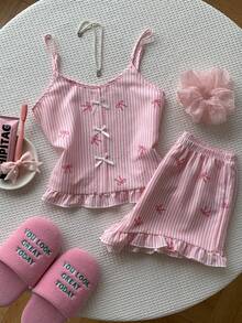 Comfortcana Cute Bow Decor Pink Striped Bow Print Camisole & Shorts Pajama Set - Pink - View 5