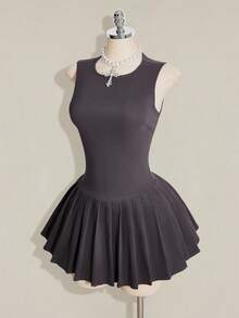 SHEIN ICON 女款夏季休閒日常通勤學院風極簡純色無袖百褶下擺迷你洋裝 - 灰色 - 查看 8