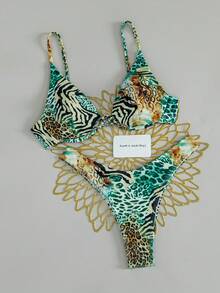 SHEIN Swim 女款夏季海灘豹紋與斑馬紋性感比基尼三角褲兩件式泳衣套裝 - 彩色 - 查看 5