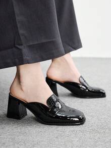 CUCCOO BIZCHIC French Retro Thick Heel Closed Toe Slippers Women, Black Stone Pattern Patent Leather Square Toe Mules Shoes Workplace Commuter High Heels - Black - View 9