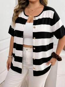 SHEIN CURVE+ Plus Size Women's Fashionable Casual Black And White Striped Knit Top Office Formal Summer - Black and White - View 4