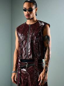 ROMWE MEN Street Life Men's Summer Casual Animal Texture Zipper Vest - Burgundy - View 9
