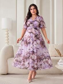 Modelyn Vestido de verano elegante con estampado floral y nudo para tallas grandes - Multicolor - Ver 4