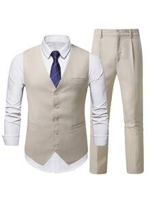 Manfinity Mode Conjunto de chaleco y pantalones de traje para negocios y desplazamientos para hombres - Beis - Ver 4