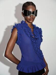 Aveloria GENKIRA Spring Summer European Style Solid Color Matte V-Neck Sleeveless Top With Asymmetric Ruffle Hem And Pleated Royal Blue Party Night Night Out Elegant - Blue - View 5