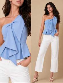 Selenza Women's Elegant Light Blue Asymmetrical Neckline One-Shoulder Sleeveless Top - Blue - View 1