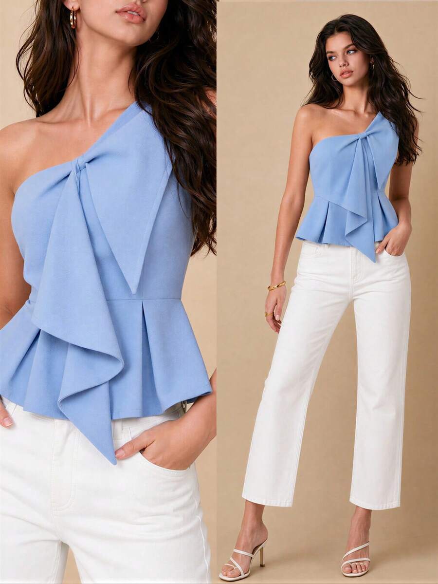 Selenza Women's Elegant Light Blue Asymmetrical Neckline One-Shoulder Sleeveless Top - Blue - View 1