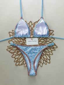 Swim Mod 新款女款優雅奢華波希米亞度假風 2 件式清新淺藍色紋理手工刺繡三角比基尼套裝，白色雛菊刺繡、棕色對比縫線飾邊與海星金屬吊飾，可調節性感三角褲底附滑塊細節，彈性泳裝布料，適合夏季海灘度假、泳池派對、音樂節、母親節/婚禮假期、春假穿搭 - 藍色 - 查看 6