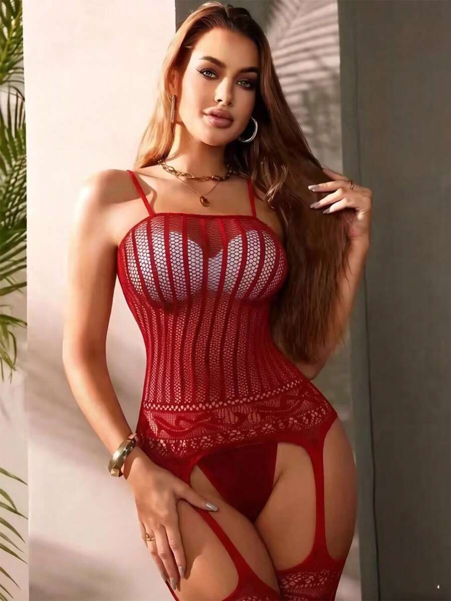 ChaseTheNight Women's Sexy Lingerie Bodystocking | Halter Neck Open Crotch Design | High-Elasticity Nylon & Elastane Blend | Sleek Black Fishnet Patterned Mesh | Hollow Out Details | Stretchy, Non-Transparent | Hand Washable | Intimate Apparel For Adults, Rave - Red - View 1