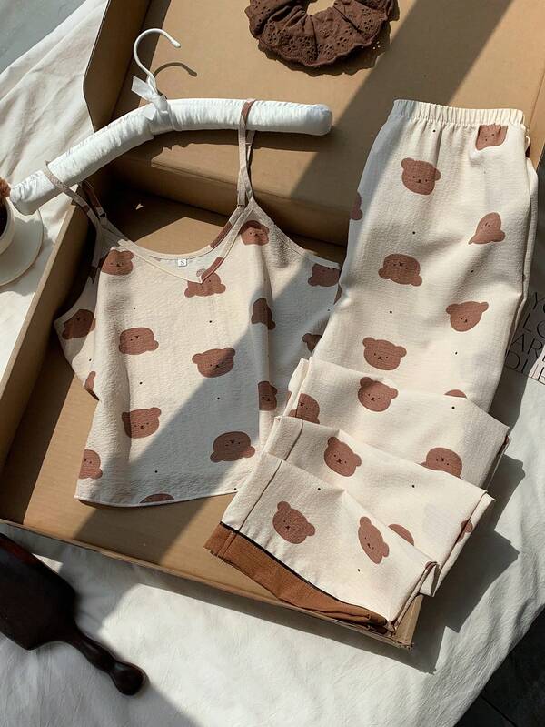 Comfortcana Bear Print V-Neck Cami Top And Pants Pajama Set Going Out Outfits Graphic Brown Outfits