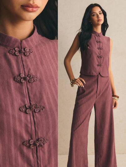 Poéselle Women's Exquisite Fashion Frog Button Tank Top And Pocket Casual Pants 2 Pieces Set