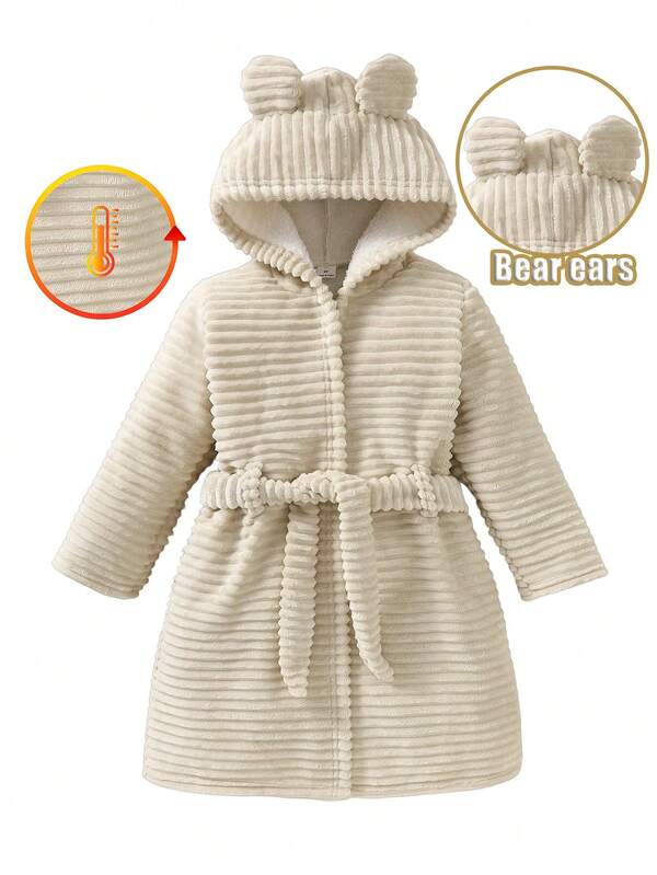 Boys' Khaki Striped Plush Long Sleeve Cute Ear Tie-Up Robe, Minimalist Casual Comfortable Soft Contrast Color Indoor Loungewear Pajamas, Winter