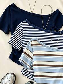 SHEIN Tween Girls Digital Striped Pattern And Solid Color Asymmetric Shoulder Short Sleeve 3-In-1 Top, Spring Summer Casual Comfortable, Versatile For Summer And Autumn, Suitable For Outdoor Sports, Picnic, Street Photography, Vacation, Holiday, Gift, Daily Wear Classic Striped Design - Multicolor - View 3