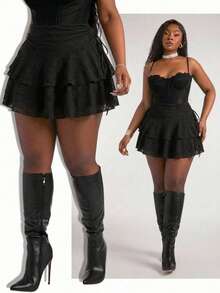 SHEIN SXY Black Stretch Lace Mini Skirt With Drawstring Waist And Layered Ruffles, Perfect For Vacation. Gothic Style, Casual Yet Sexy Street Wear. Autumn Gym - Black - View 2