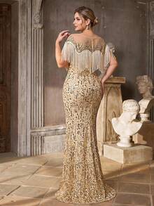 Serin Plus Size Elegant Romantic Champagne Gold Boat Neck Drop Shoulder Luxury Beaded Embroidery Mesh Tassel Mermaid Hem Dress, Wedding Party Celebration - Champagne - View 3