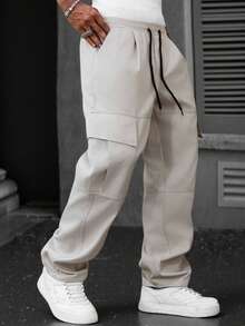 Manfinity Hypemode Men's Casual Fashion Street Solid Color Drawstring Waist Flap Pocket Cargo Pants - Grey - View 3