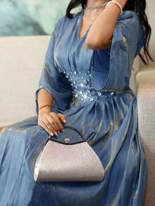 Modelyn New Ruched Waist Elegant High-End Rhinestone Embellished Romantic Glamorous Party Dress - Gray Blue - View 8