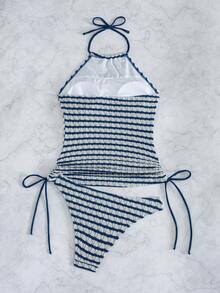 Swim Lushoire 女款條紋抽繩紋理布料細肩帶露背度假比基尼背心上衣 - 藍白色 - 查看 2