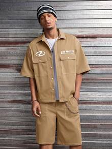 AXEPEAK Men's Letter Print Short Sleeve Cargo Pocket Shirt And Shorts Casual Set - Khaki - View 3
