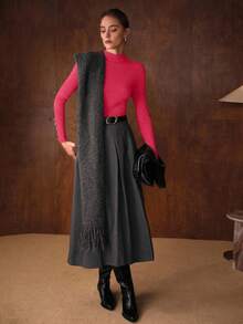 MOTF PREMIUM SWEATER LAPISAN DASAR MINIMALIS UNTUK WANITA MUSIM GUGUR/DINGIN, KASUAL, UNTUK PERJALANAN SEHARI-HARI, WARNA POLOS, LEHER CORONG, POTONGAN RENDAH - Hot Pink - View 6