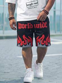 Manfinity Homme 夏季大码男士休闲字母火焰印花短裤 - 黑色 - 查看 3