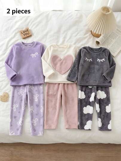 Girls' Bow Print Long Sleeve Long Pants Plush Loungewear Set
