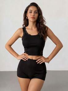 Rafferiza Tank Top Patchwork Renda Modis, Gaya Kasual Minimalis untuk Pemakaian Sehari-hari - Hitam - View 5