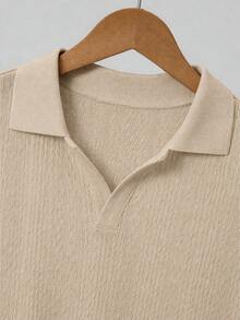 SHEIN 青少年男孩紋理短袖 Polo 衫與短褲休閒套裝 - 卡其色 - 查看 4