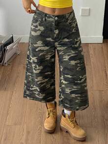 SHEIN Teen Girls Camouflage Denim Loose Wide Leg Long Pants Fall Winter Halloween Y2k Graduation Back To School - Army Green - View 2
