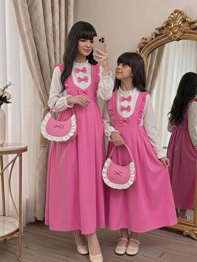 Girls (Big) Middle East Arabic Back To School Season Elegant Sweet Casual School Style Cute Ruffle Bow Pink Pinafore Dress & Commuter White Shirt T-Shirt Set, School Uniform Set