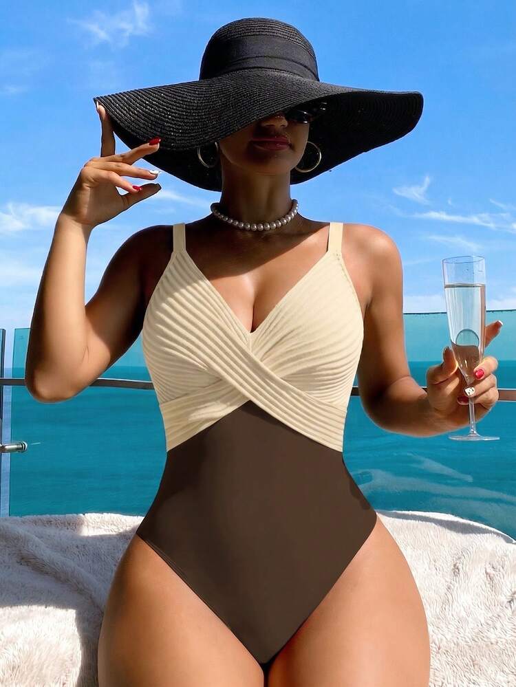 Swim Lushoire Striped Special Fabric Criss-Cross One-Piece Swimsuit - Multicolor - View 1