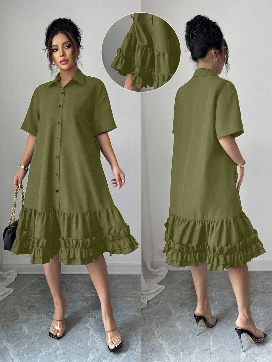 SHEIN Raffinéa 女款寬鬆藝術設計百褶下擺拼接荷葉邊修飾洋裝，夏季 - 軍綠色 - 查看 1