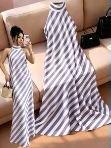SHEIN Franclia Damen-Maxikleid im französischen eleganten Stil, gewebter schwarz-weiß gestreifter Stoff, Neckholder, ärmellos, Sommerkleid für Damen, Sommeroutfit, Strandoutfit, Strandkleid, Ausflugskleid, Urlaubsoutfit für Damen, Urlaubskleid, lässiges Damenkleid, Pendleroutfit für Damen, Bürooutfit für Damen, gesellschaftliches Kleid, Arbeitskleid, Bürokleidung für Damen, Businesskleidung für Damen, Arbeitskleidung für Damen, Arbeitskleid für Damen, neues Sommerkleid für Damen - Violett - Übersicht 1