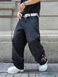 Manfinity EMRG Men's Embroidered Wide Leg Denim Pants - Dark Grey - View 3