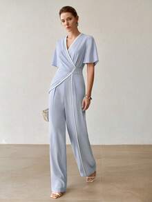 MOTF PREMIUM CONTRAST TRIM SHORT SLEEVE OVERLAP COLLAR JUMPSUIT - Blue - View 4