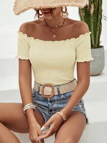 SHEIN VCAY Camiseta de mujer para vacaciones de unicolor con volantes, hombros descubiertos y manga corta - Albaricoque - Ver 1