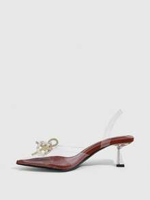 CUCCOO SZL Sepatu hak tinggi wanita model slingback transparan dengan detail pita berhiaskan rhinestones dan mutiara, ujung runcing. - Merah - View 4