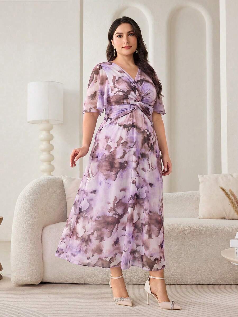 Modelyn Vestido de verano elegante con estampado floral y nudo para tallas grandes - Multicolor - Ver 1