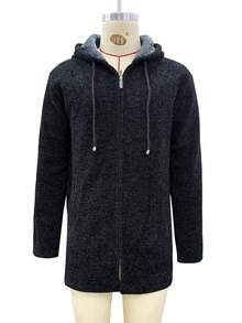 Manfinity Homme Men Zip Up Drawstring Hooded Thermal Cardigan, Fall/Winter - Black - View 6