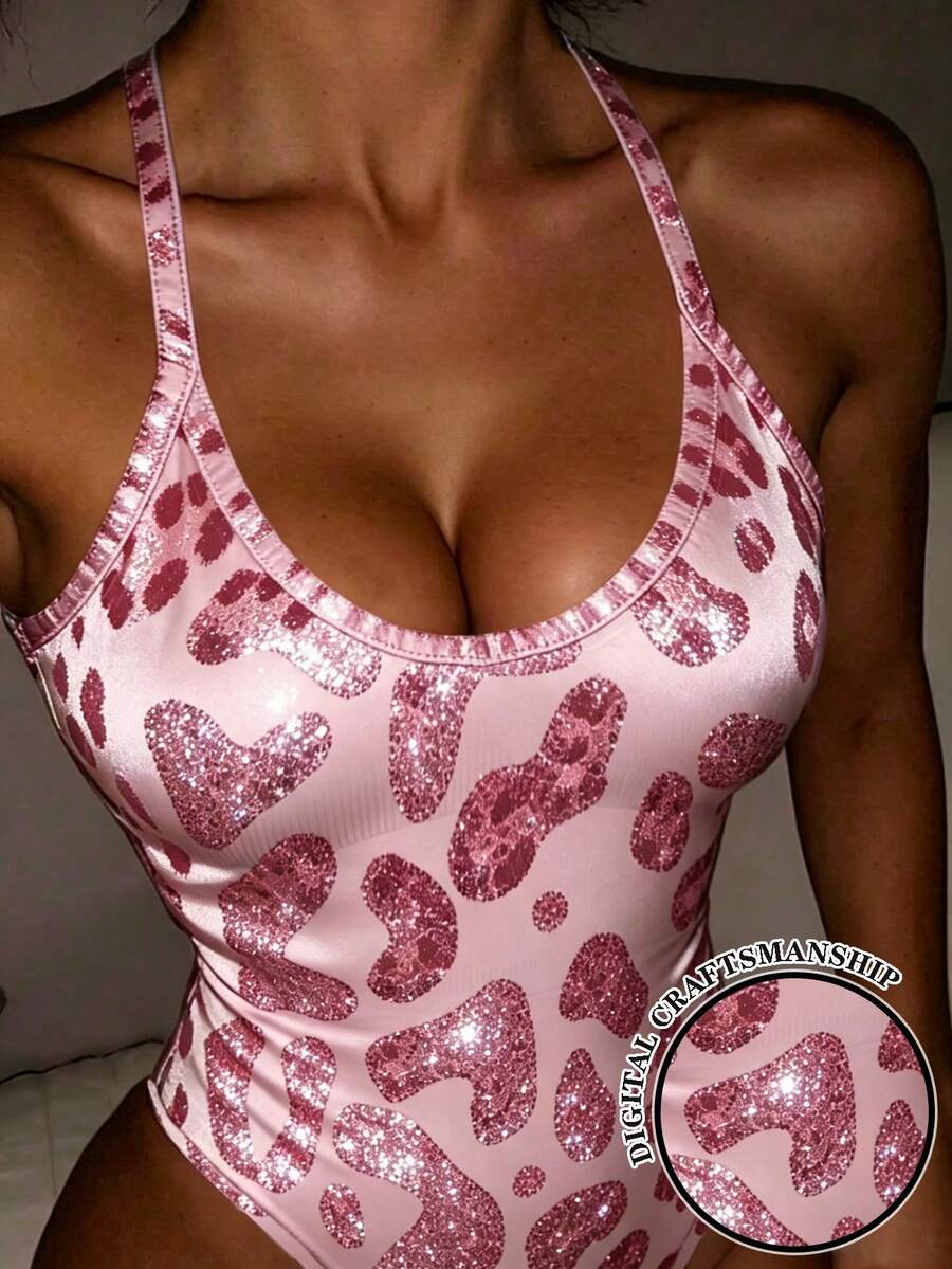 Rovax Women's Spaghetti Strap Leopard Print Bodysuit, Sexy Sleeveless Fitted Digital Printed Bodysuit - Multicolor - View 1