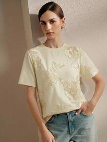 Anewsta T-shirt femme nouveau printemps/été élégant de vacances col rond brodé fleur de lotus manches courtes pull-over - Jaune clair - Voir 2