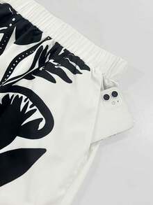 Ceyna Plus Size Women's Summer Set New Style Black & White Floral Print Vacation Outfit (Women's Clothing), V-Neck Loose Top + High Waist Shorts, Casual 2-Piece Set Women's Summer Vacation Wear, Greek Vacation Outfit, Women's Beachwear, Women's Cover-Up Swimwear, Women's Cover-Up Clothing, Women's Zanea Dress - Apricot - View 8