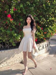 SHEIN MOD Women's Apricot Textured Open Shoulder Short Dress, Romantic Elegant Summer Birthday Party Clothes, White Wedding, Halloween - Beige - View 2