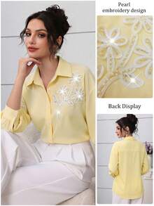 Modelyn Elegant Pastel Yellow 3D Beaded Floral Drop Shoulder Sleeve Blouse For Women Teachers' Day Office Summer - Yellow - View 5