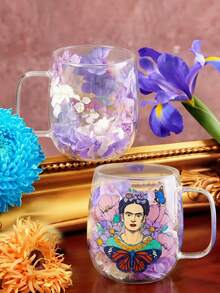 Frida Kahlo X SHEIN 1個 520ml/17.58oz 復古花卉雙層高硼矽酸鹽玻璃杯，附乾燥花裝飾，隔熱耐冷玻璃杯，適用咖啡與茶，美學藝術飲具 - 無色 - 查看 2