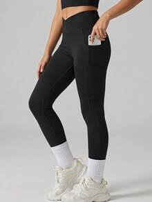 SHEIN 少女戶外運動瑜珈內搭褲附口袋，黑色高彈力四向伸展面料，跑步、騎單車、健行、室內健身通用經典款 - 黑色 - 查看 1