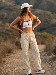 WanderVale Women's Solid Color Elastic Waist Straight Leg Outdoor Pants - Light Grey - View 1